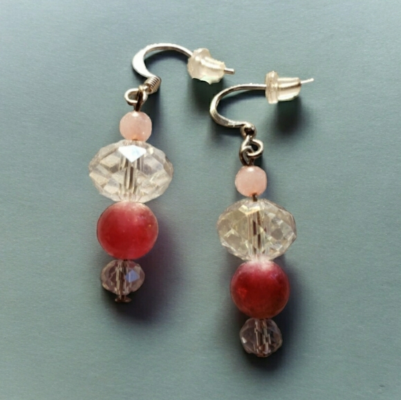 Handcrafted Rose Quartz & Crystal Beaded Drop Earrings - Picture 1 of 7